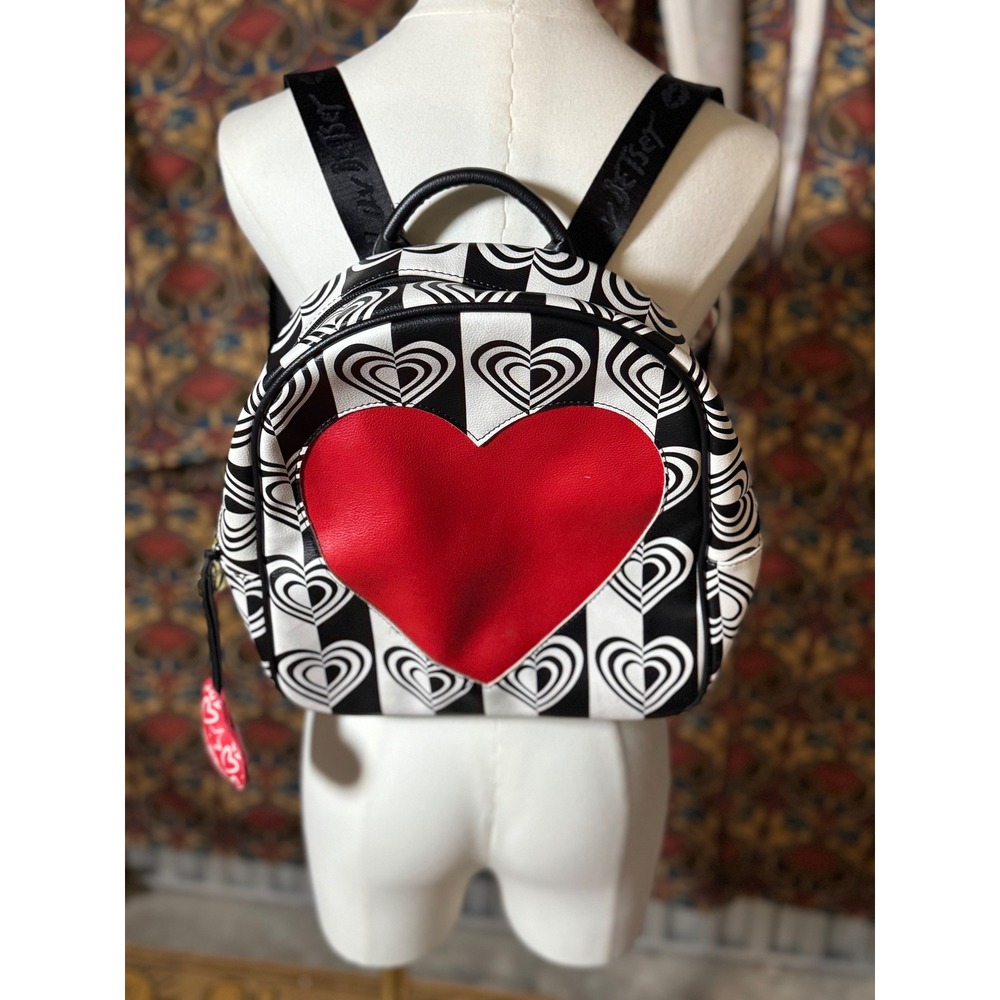 Betsy Johnson Black White Heart Print Mini Backpack Cute Fun Designer Bag